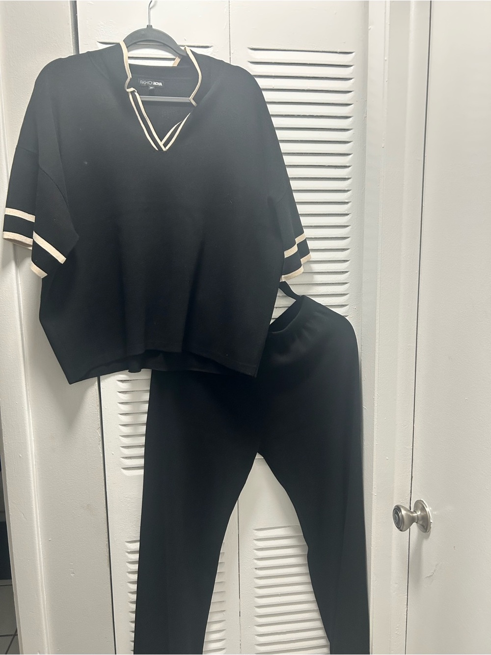 Fashion Nova Black Knit Top & Straight Leg Pants with Cream Trim